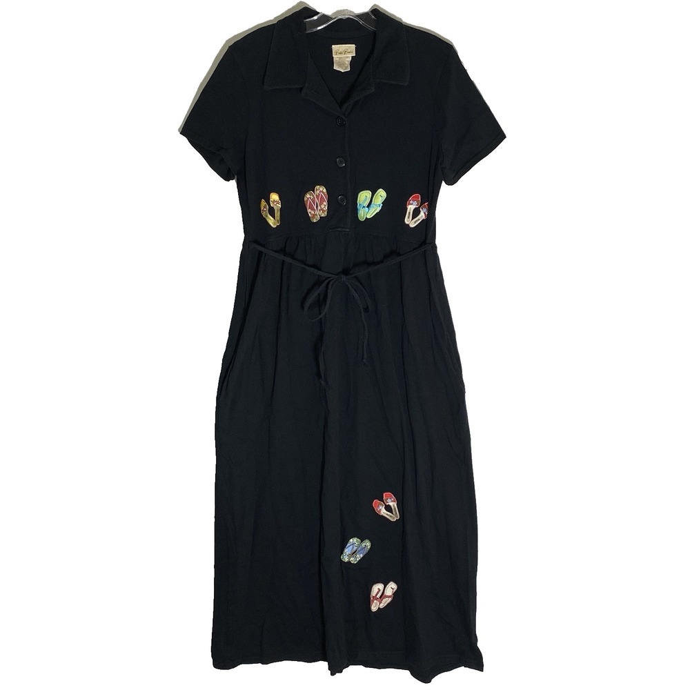 Vintage Bobbie Brooks Midi Dress Womens Medium Black Flip Flop Sandal Embroidery